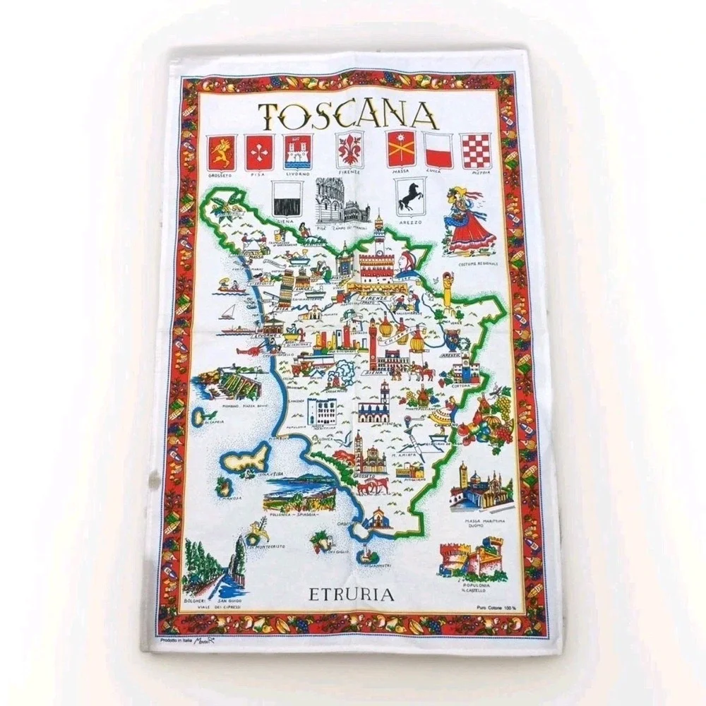 Vintage Toscana Tea Towel Wall Hanging Map Flags Historic Italy 100% Cotton 34.5